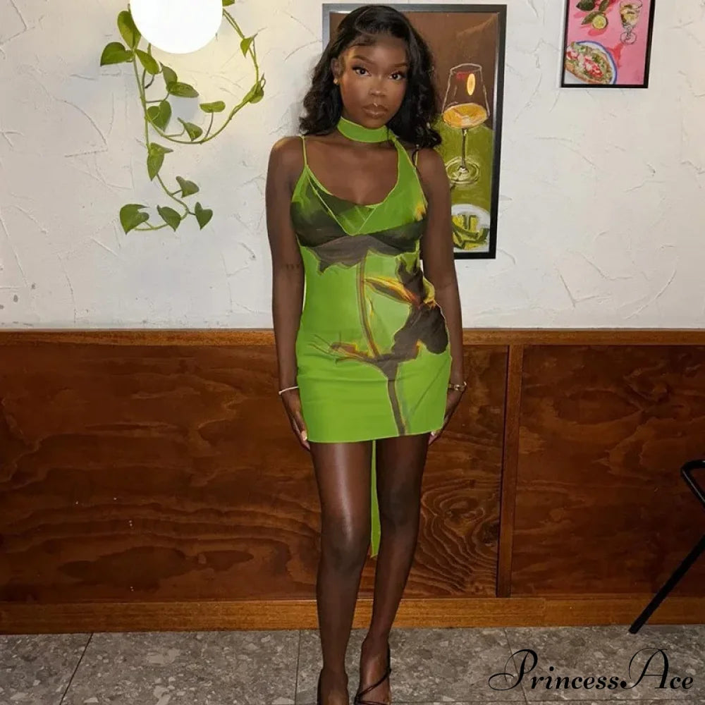 Green Mesh Printed Charming Draped Mini Dress