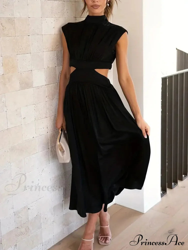 Green Pleated Maxi Dress With Cut Out High Collar S / Black Blue Maxi Dress