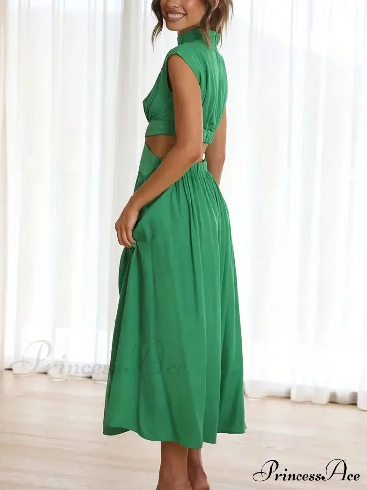 Green Pleated Maxi Dress With Cut Out High Collar S / Blue Blue Maxi Dress