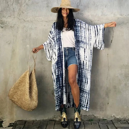 Green Printed Silky Kimono Robe Boho Cover up WHITE / One Size bohocoverup-250126