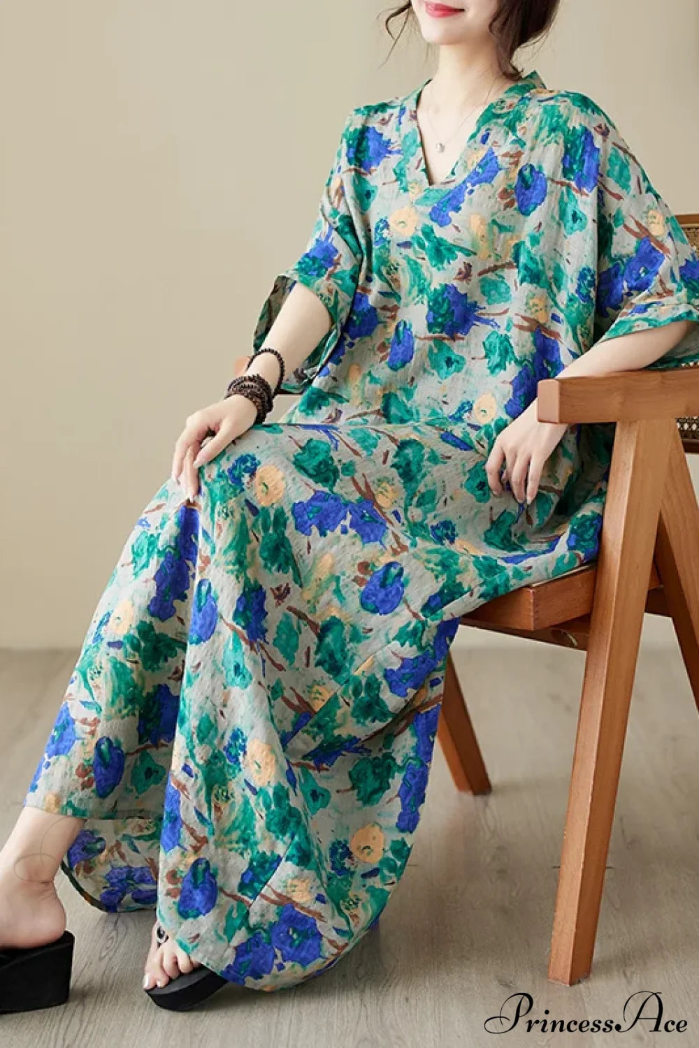 Green Red Cotton Linen Print Batwing Sleeve Retro Boho Dress