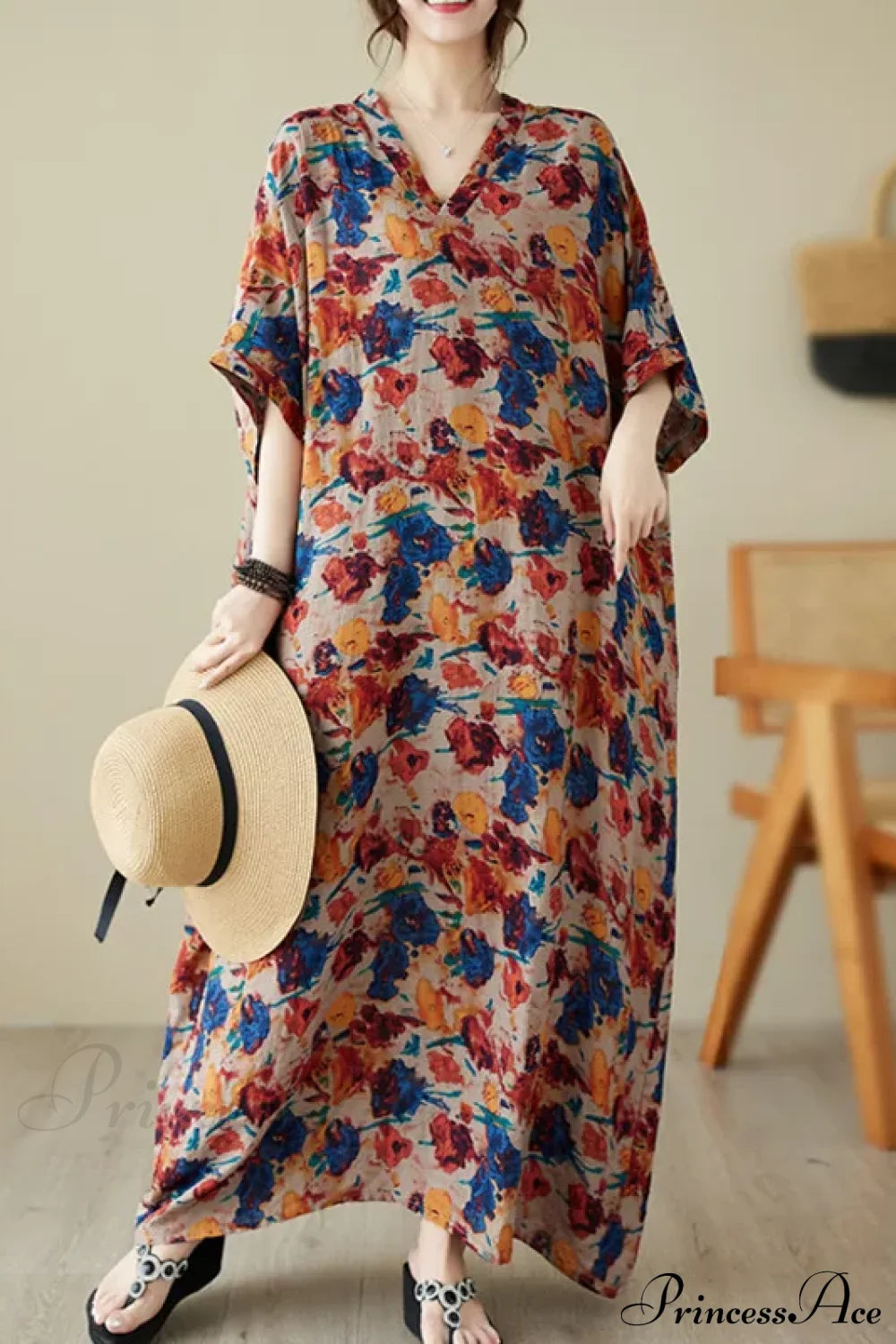 Green Red Cotton Linen Print Batwing Sleeve Retro Boho Dress