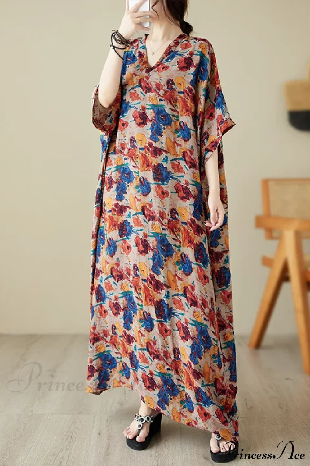 Green Red Cotton Linen Print Batwing Sleeve Retro Boho Dress / One Size