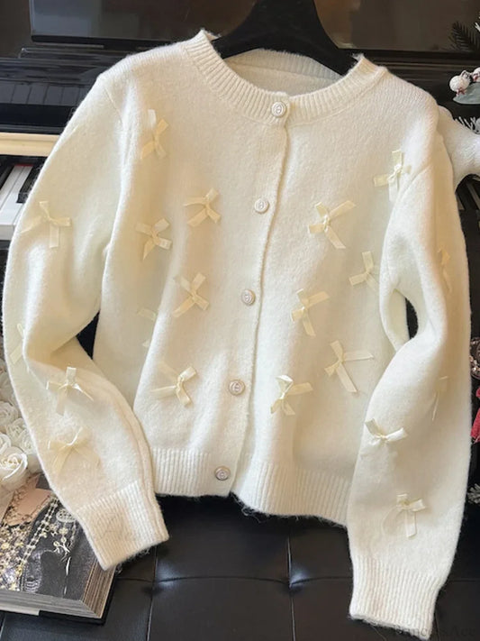 Grey Bow O-Neck Cardigan Beige / One Size Cardigan-241208