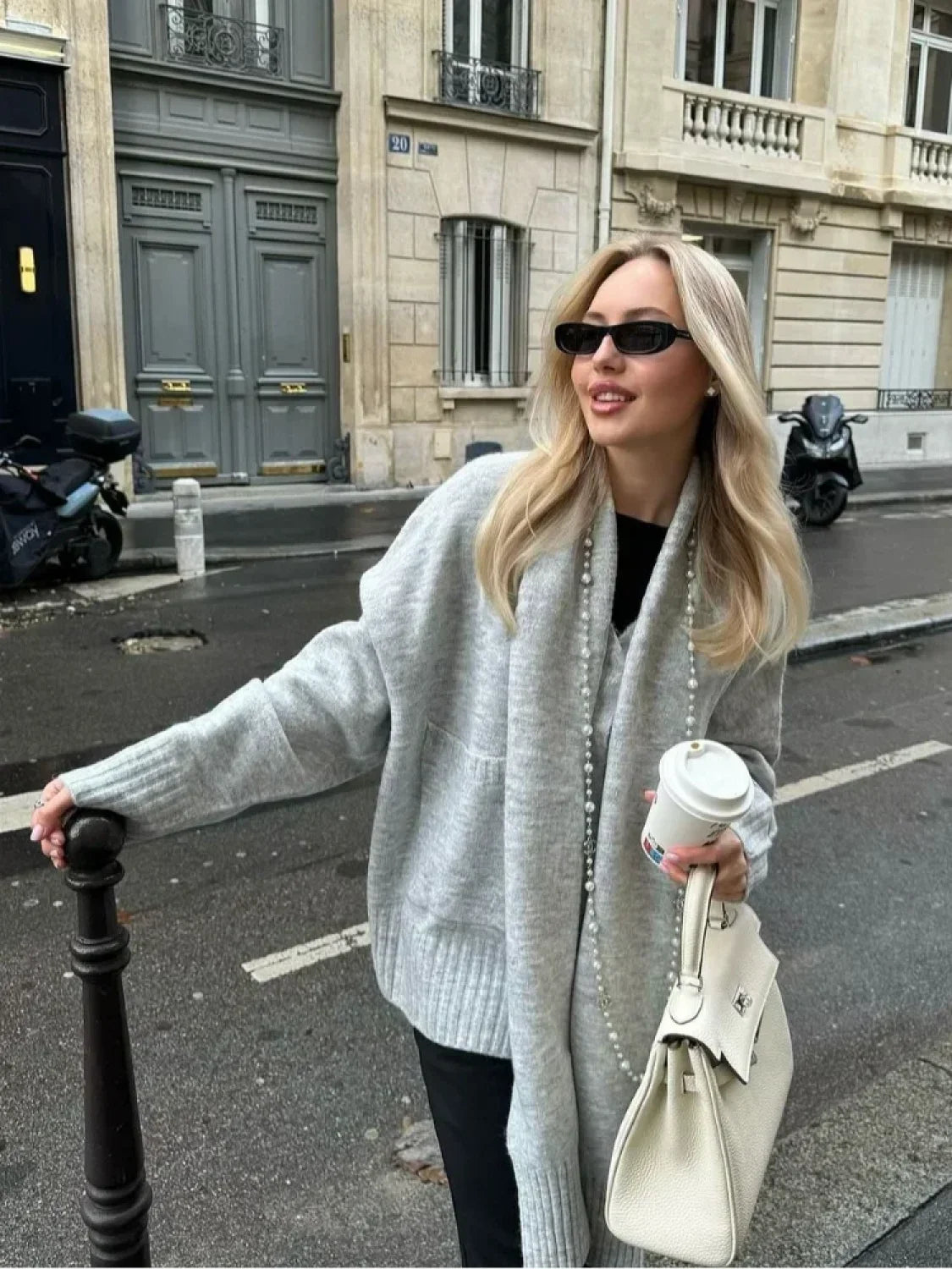 Grey Scarf Collar Loose Cashmere Cardigan