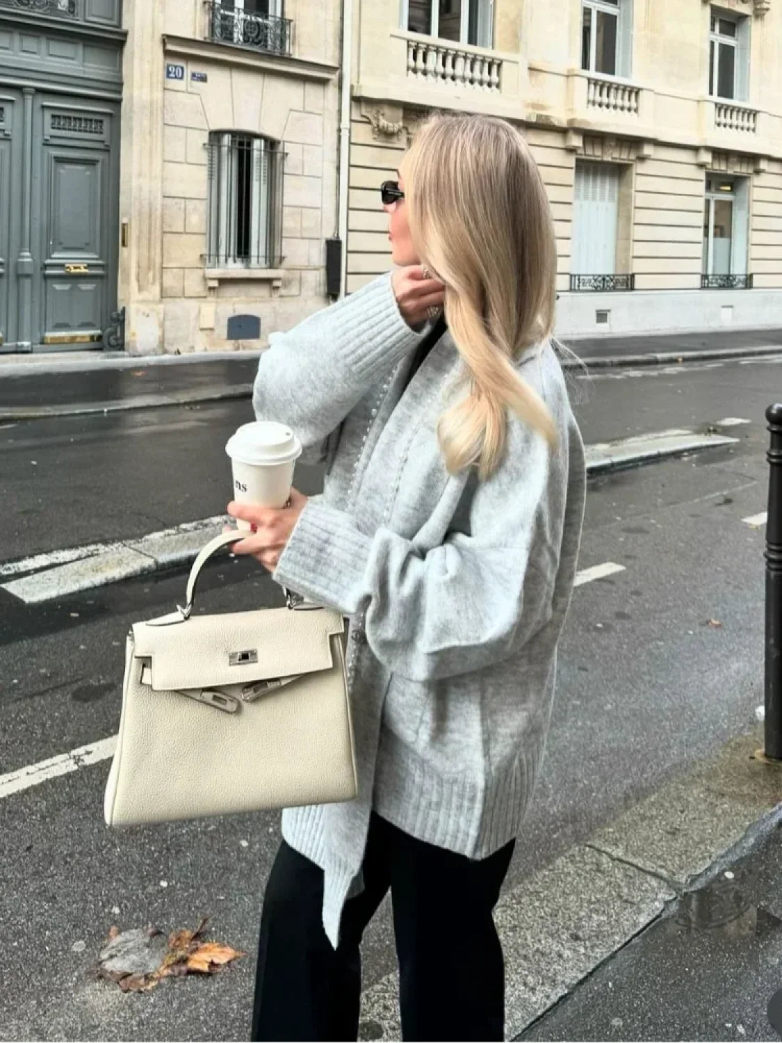 Grey Scarf Collar Loose Cashmere Cardigan