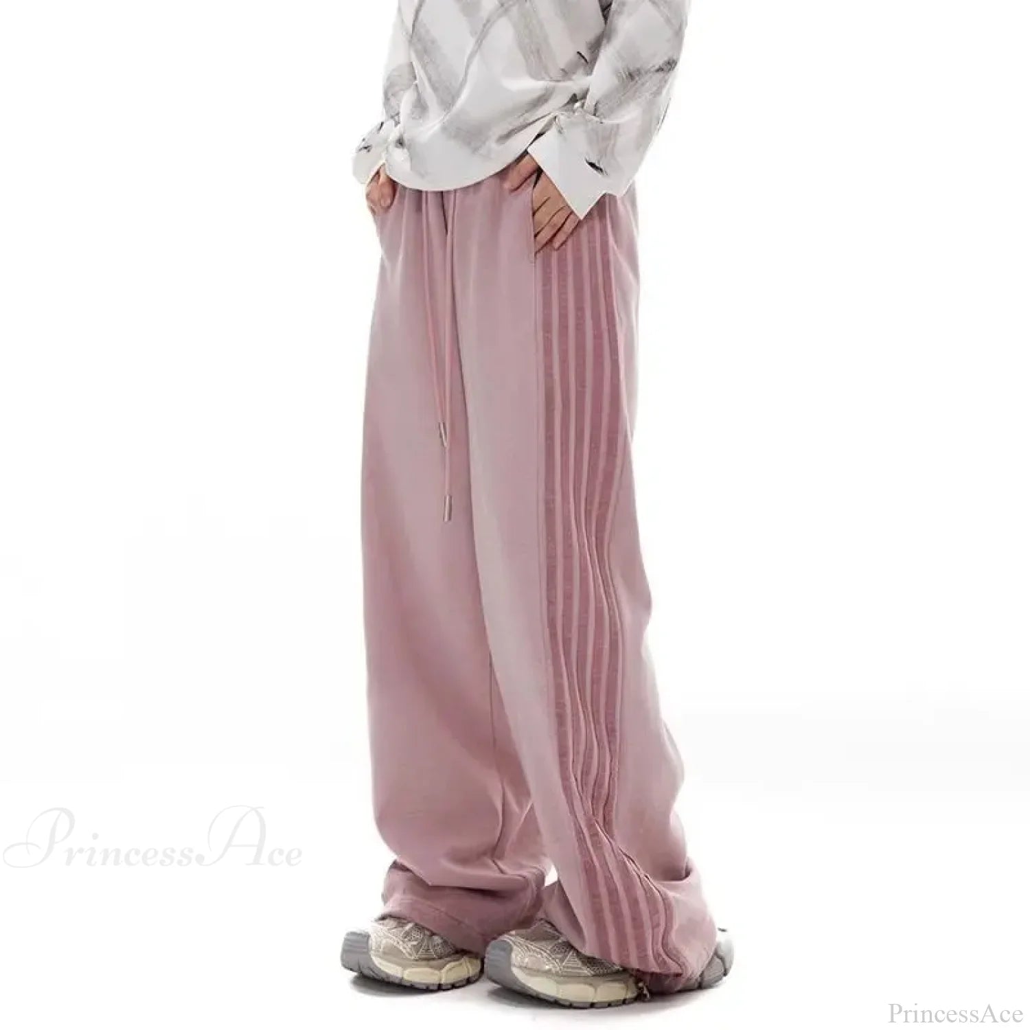 Grey Stripe Motion Casual Pants Pink / S