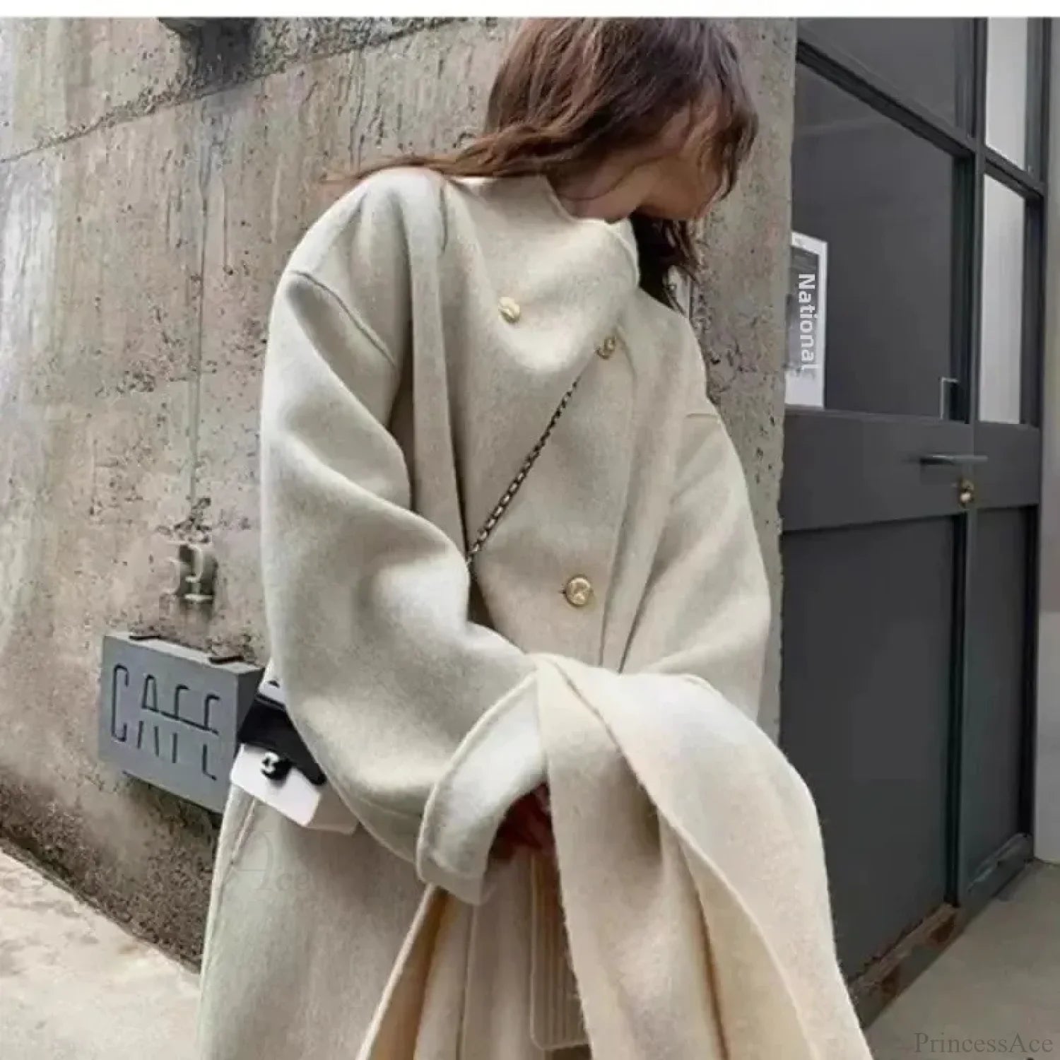 Grey Wool Loose-Fit Fleece Overcoat Oatmeal Color / S