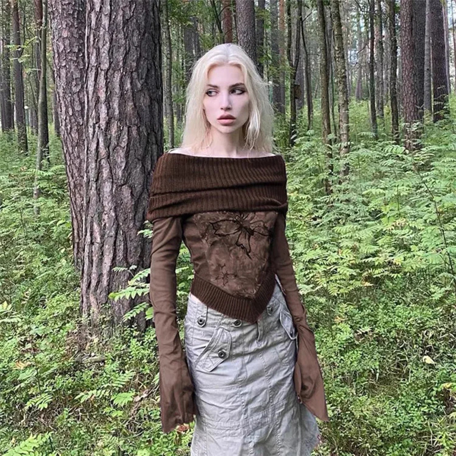 Grunge Sexy T-shirt Flare Sleeve Sweater Brown / S