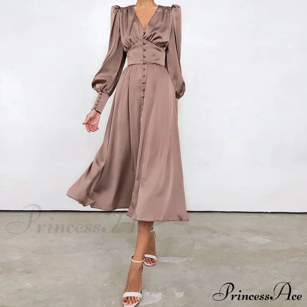 Guest Wedding Satin Full-Length Silk Gown Mid-Calf Empire Evening Vintage Party Buttons Dress