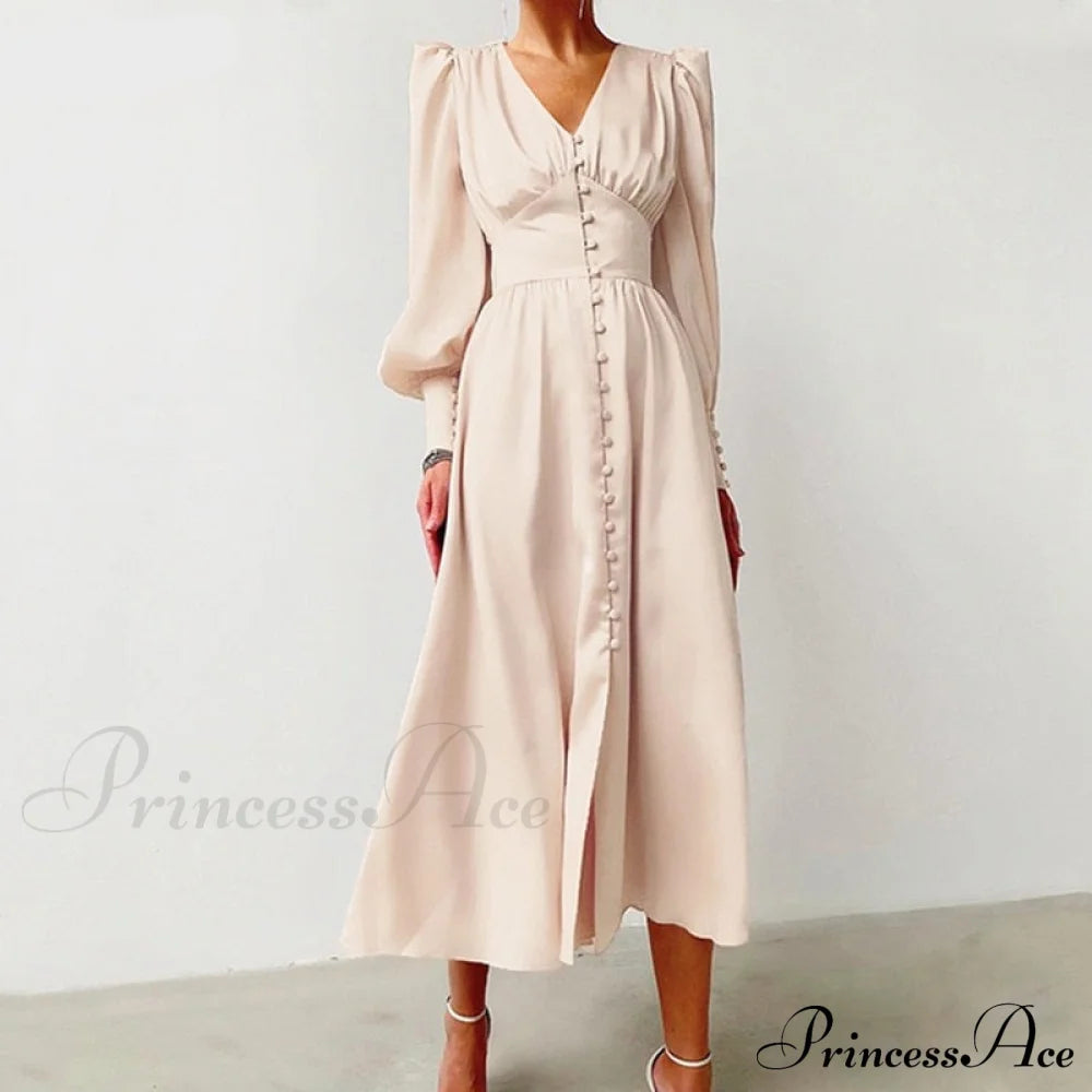 Guest Wedding Satin Full-Length Silk Gown Mid-Calf Empire Evening Vintage Party Buttons Dress Beige