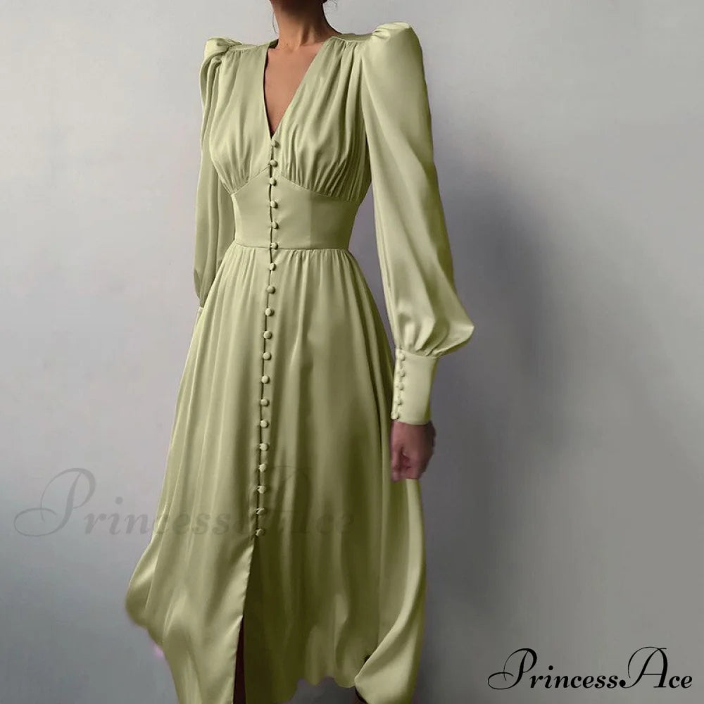 Guest Wedding Satin Full-Length Silk Gown Mid-Calf Empire Evening Vintage Party Buttons Dress Green