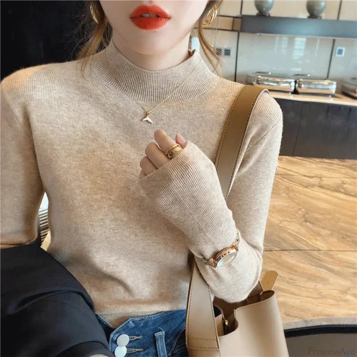 Half High Collar Crochet Y2k Sweater apricot / One Size