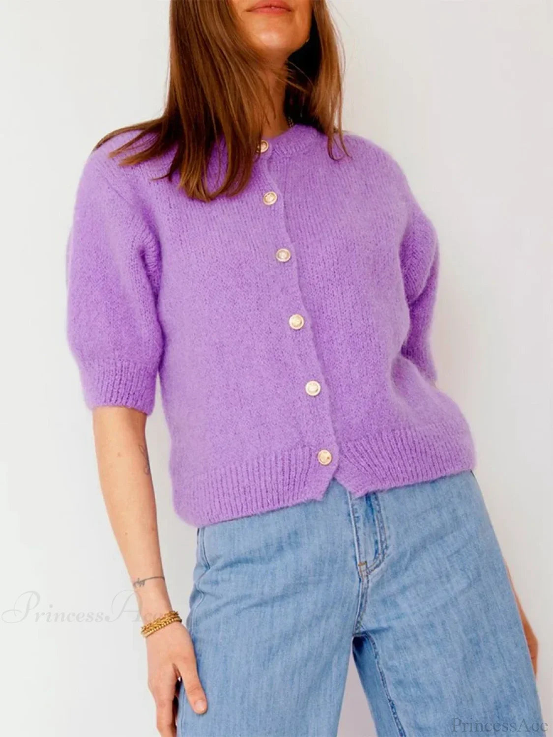 Half Sleeve O Neck Button-Up Knit Cardigan purple / S