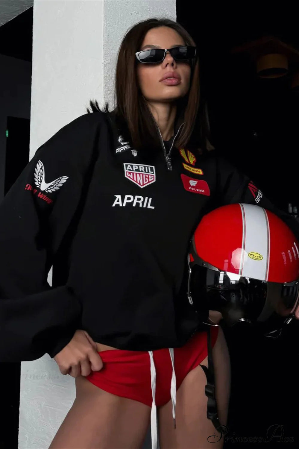 Half Zip Biker Print Stand Collar Loose Sweatshirt Black / S