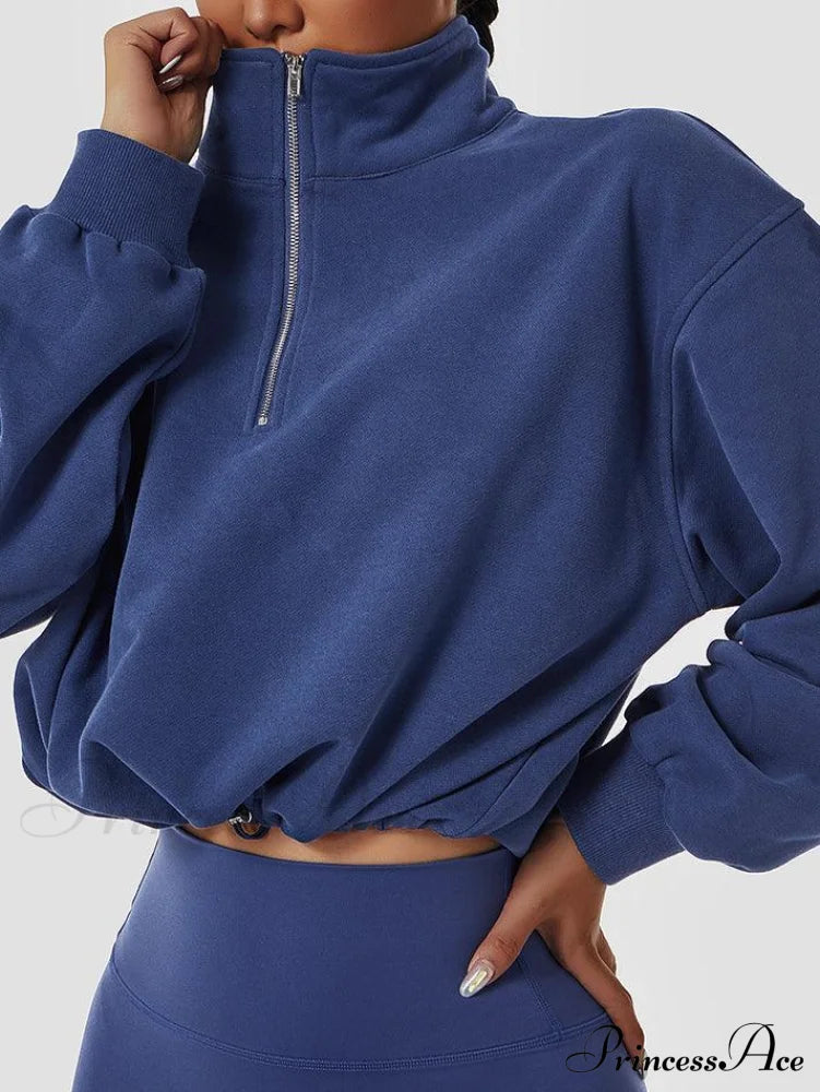 Half Zip Long Trendy Sleeve Crop Top Blue / S Sweaters-L