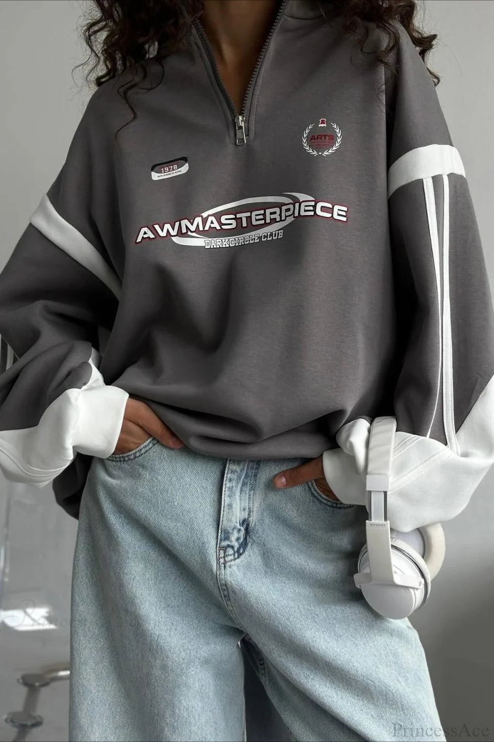 Half-Zip Stand Collar Letter Print Hoodie Dark Gray / S