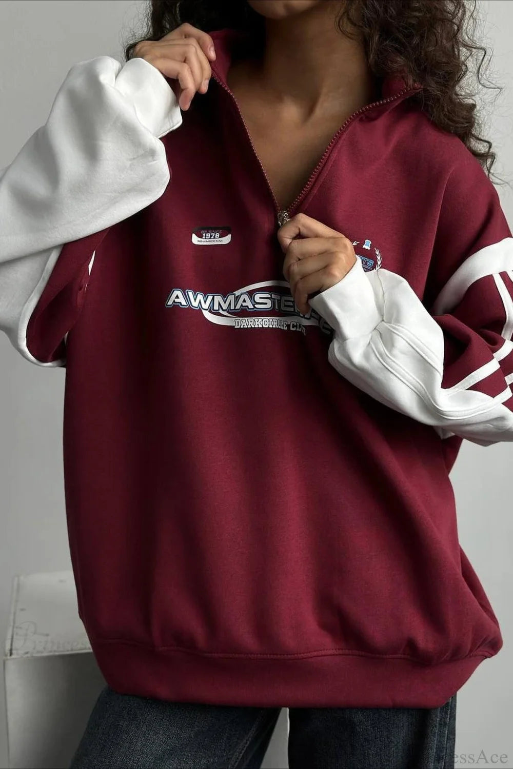 Half-Zip Stand Collar Letter Print Hoodie Red / S