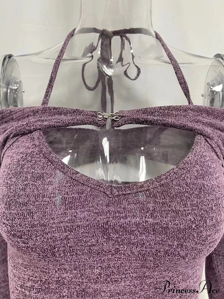 Halter 2 Crop Top T-Shirts Backless Arm Long Y2K Women’s Shoulder Piece Tanks Christmas Tees Off