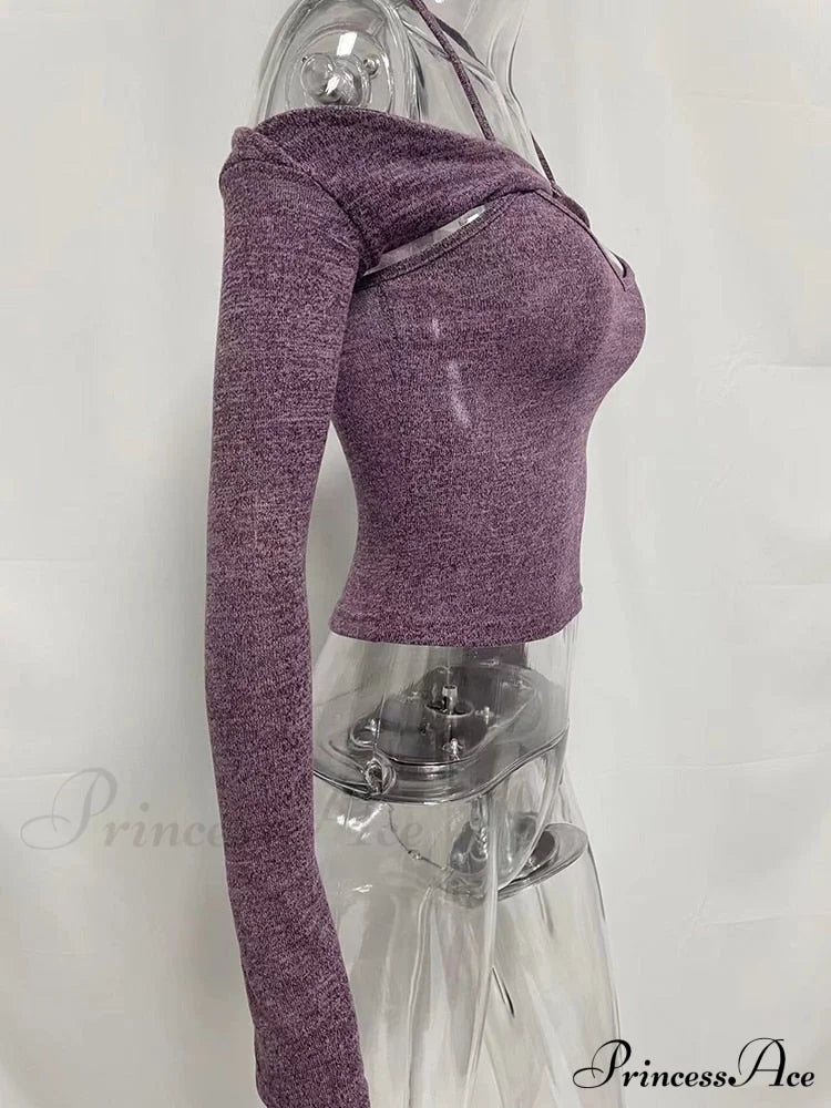 Halter 2 Crop Top T-Shirts Backless Arm Long Y2K Women’s Shoulder Piece Tanks Christmas Tees Off