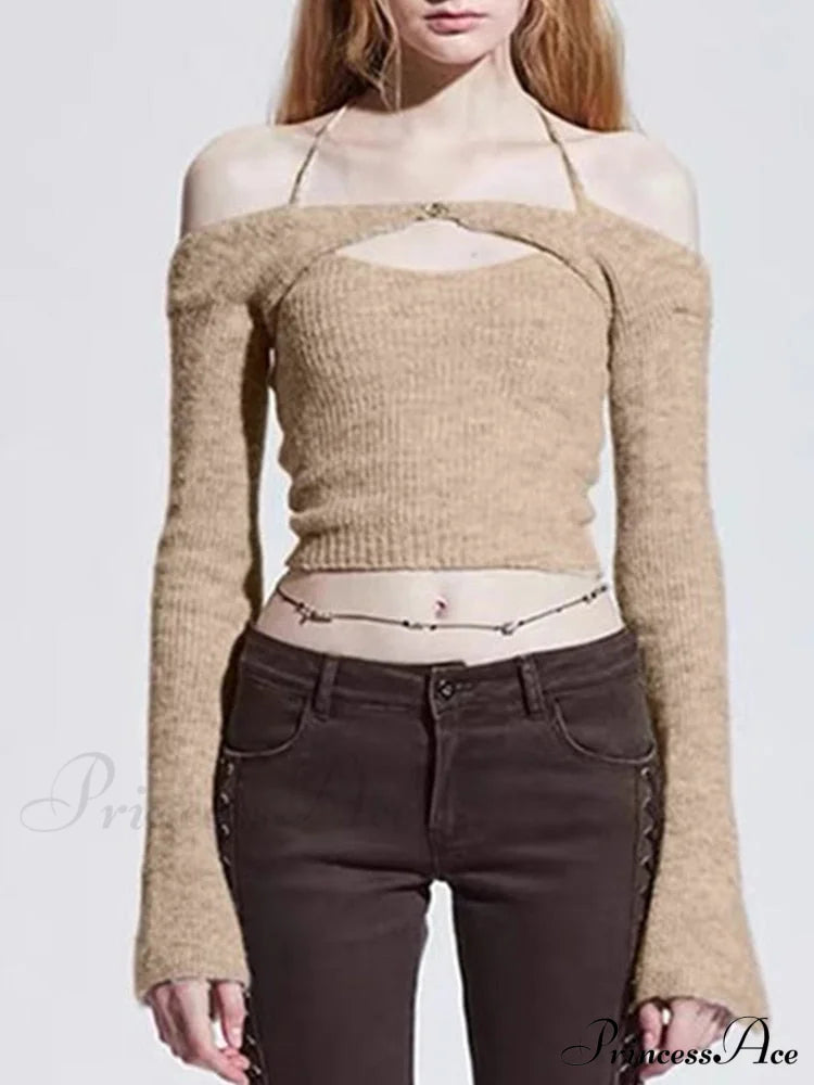 Halter 2 Crop Top T-Shirts Backless Arm Long Y2K Women’s Shoulder Piece Tanks Christmas Tees Off