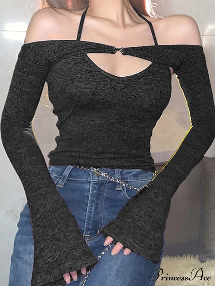 Halter 2 Crop Top T-Shirts Backless Arm Long Y2K Women’s Shoulder Piece Tanks Christmas Tees Off