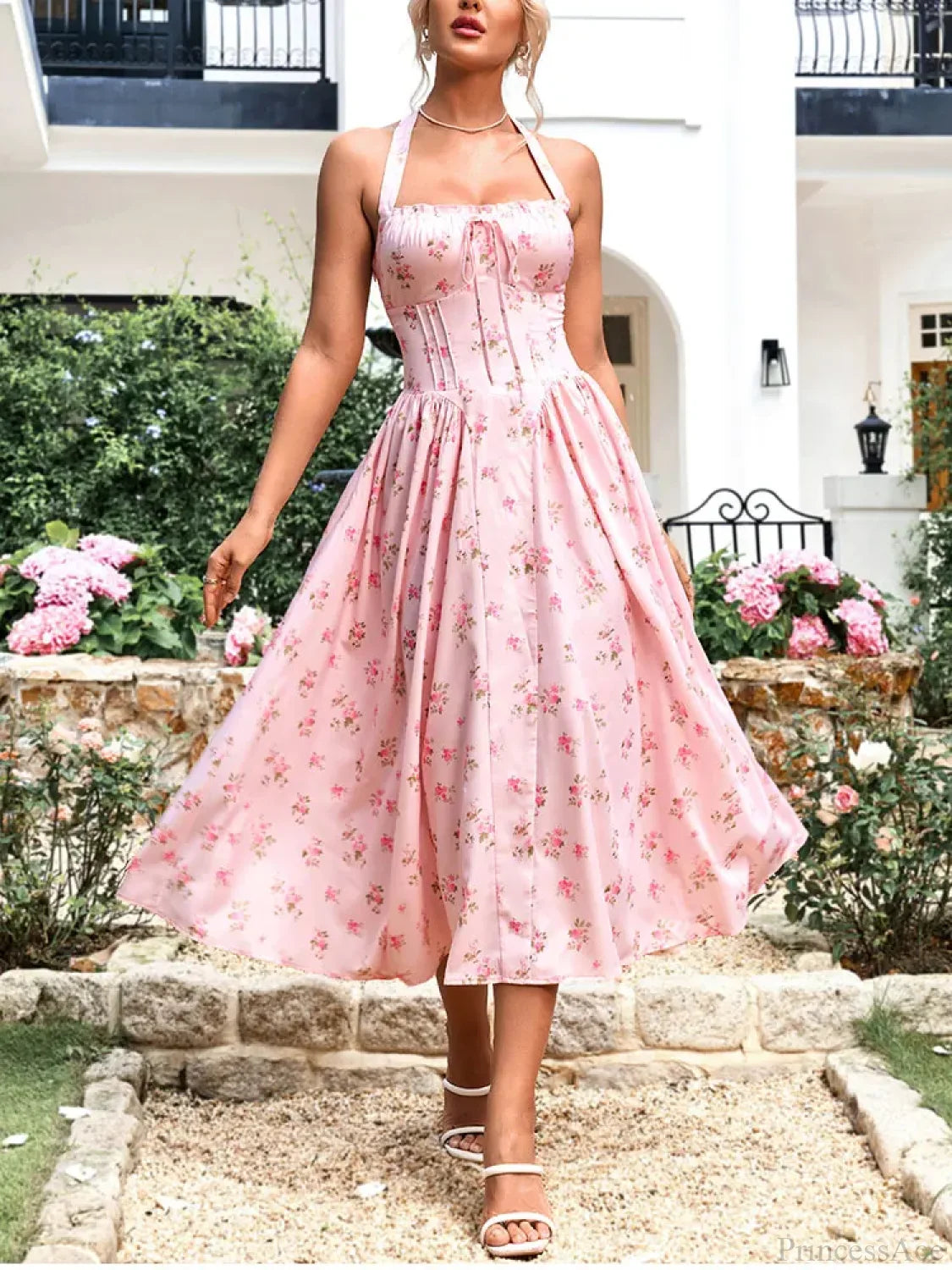 Halter Backless Print Floral Pink Dress Pink / XS