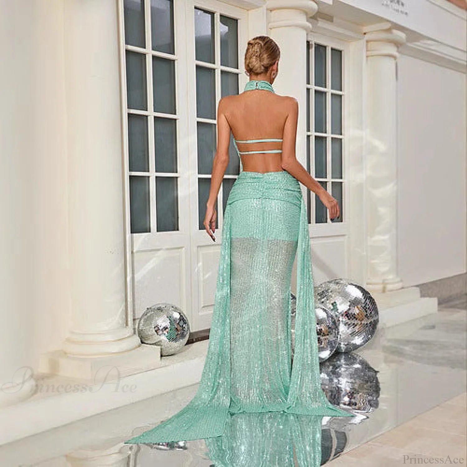 Halter Backless Sequin Mermaid Floor Length Prom Dress promdress-250223