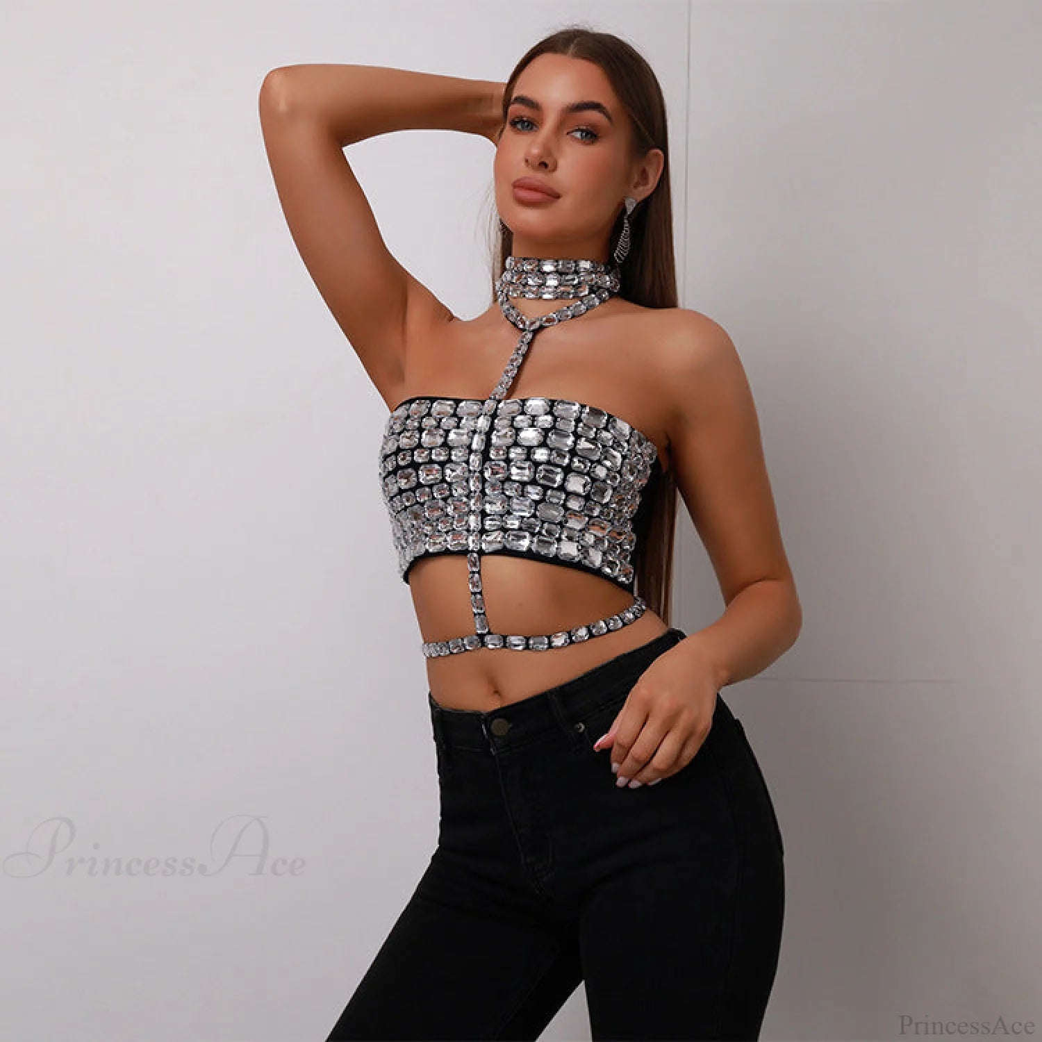 Halter Beaded Lace-Up Bandage Crop Prom Dress promdress-250223