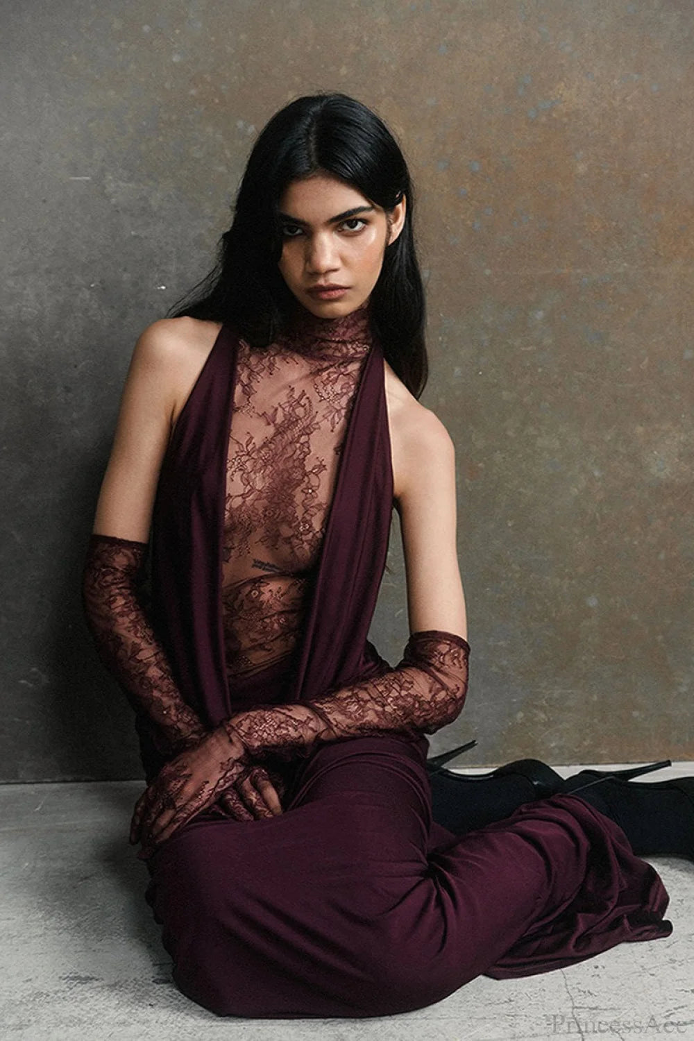 Halter Lace Paneled Deep V Ruched Wedding Dress Fuchsia / XS