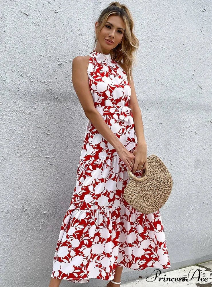 Halter Neck Gown Sleeveless Sling With Flowered Print S / Blue