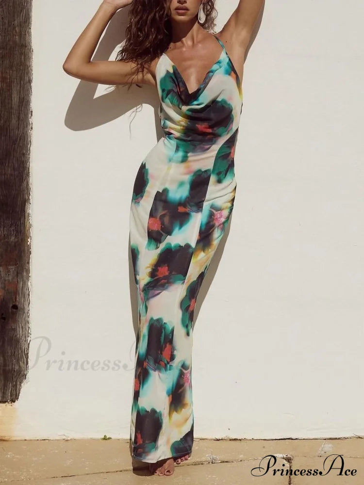 Halter Neck Tie Resort Graceful Style Print Mixi Dress Multicolor / S Dresses