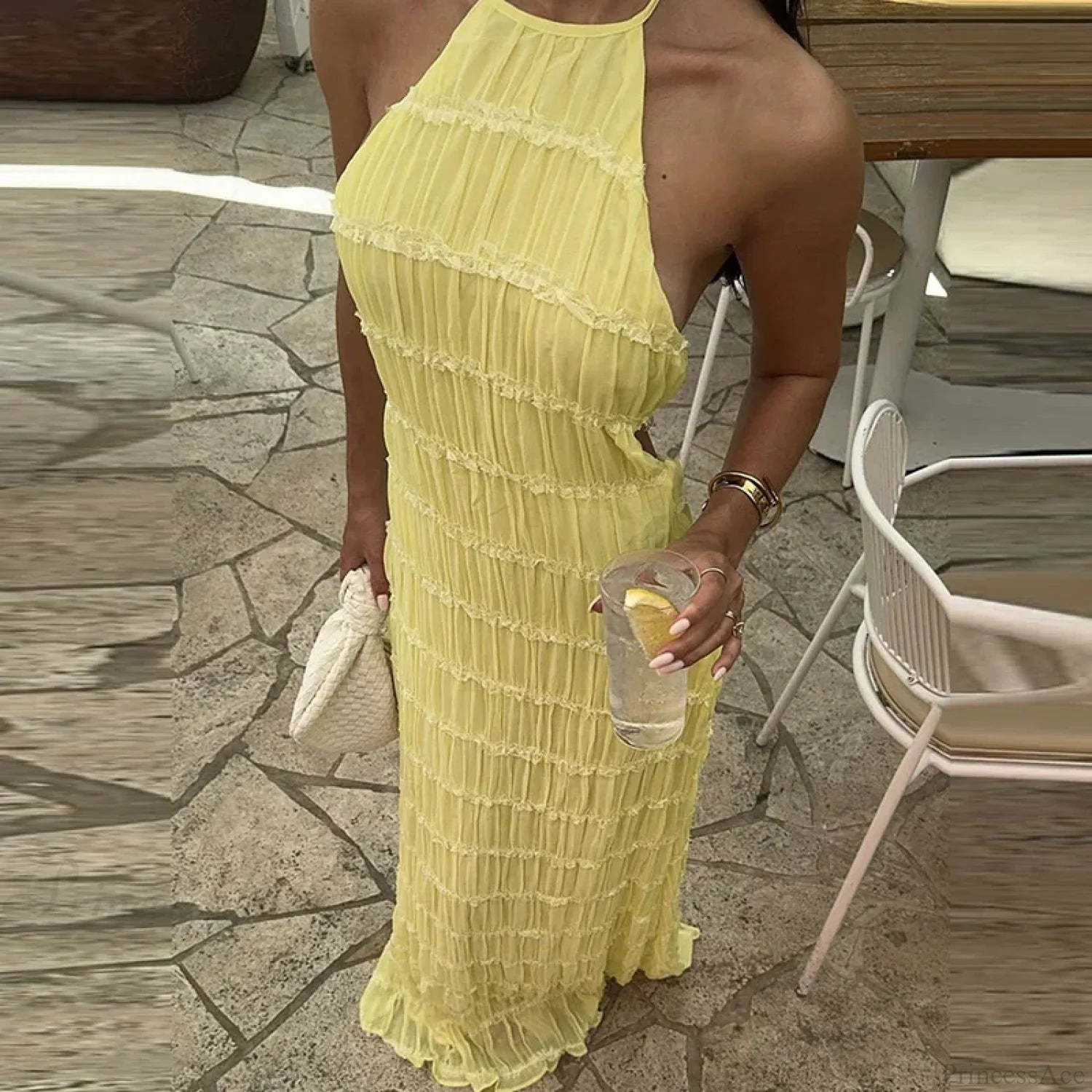 Halter Pleated Boho Vacation Dress 01 Yellow / S vacationdress-250223