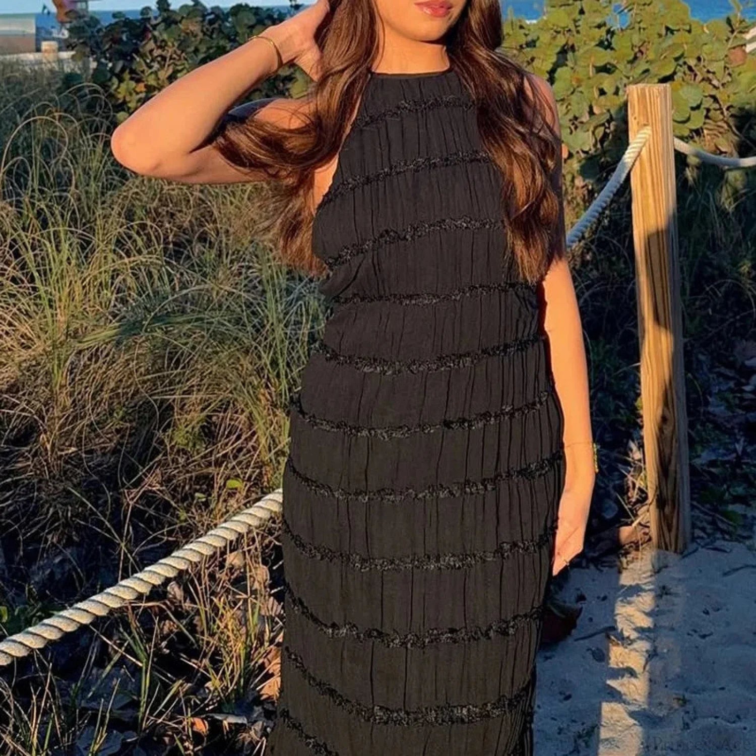 Halter Pleated Boho Vacation Dress 03 Black / S vacationdress-250223