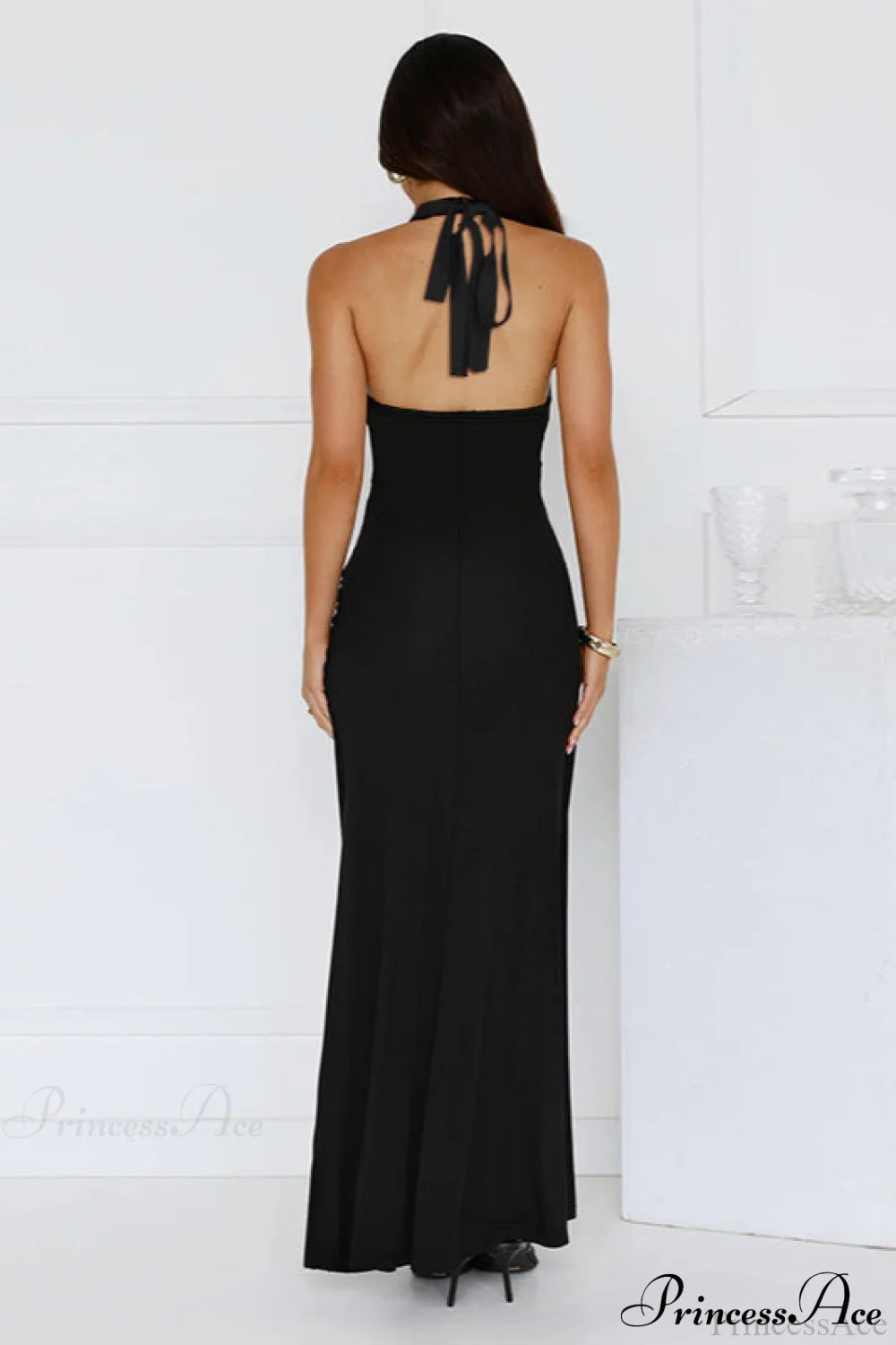 Halter V Neck Slit Slim Long Fitted Party Dress