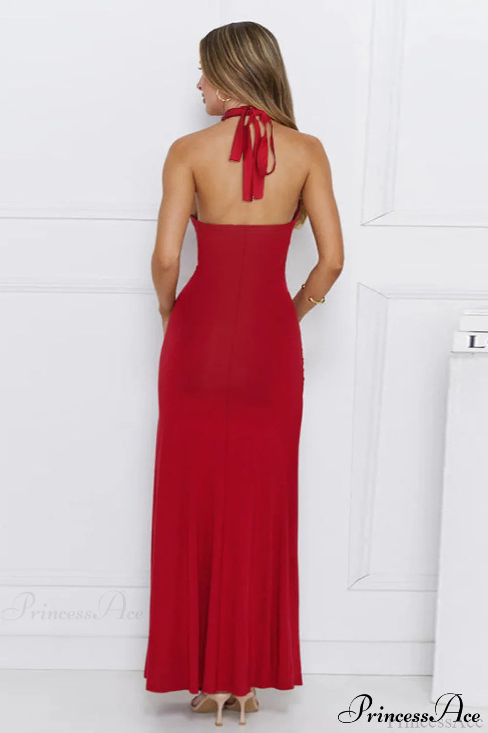 Halter V Neck Slit Slim Long Fitted Party Dress