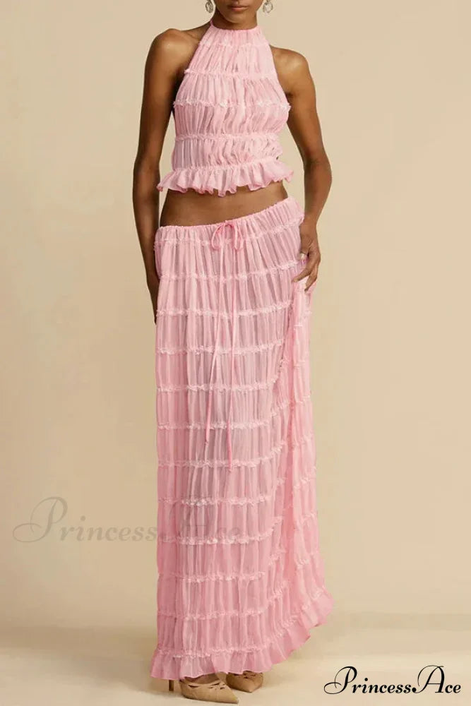 Halterneck Ruched Open Back Tie Trendy Up Top And Maxi Skirt Set Long Suits