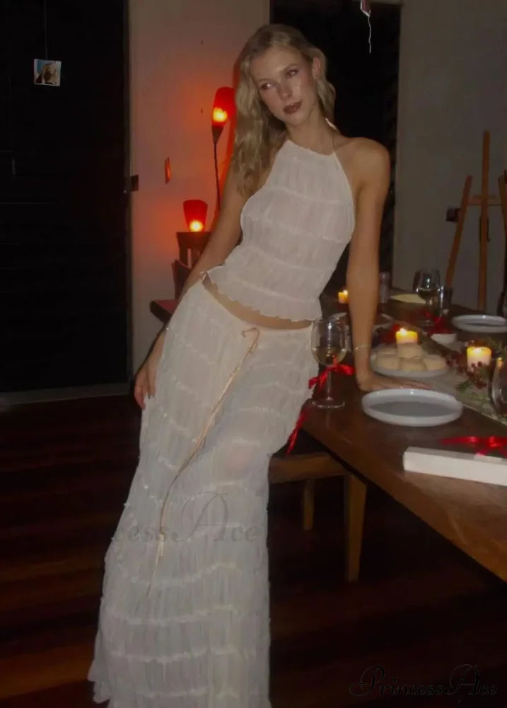 Halterneck Ruched Open Back Tie Trendy Up Top And Maxi Skirt Set Long Suits