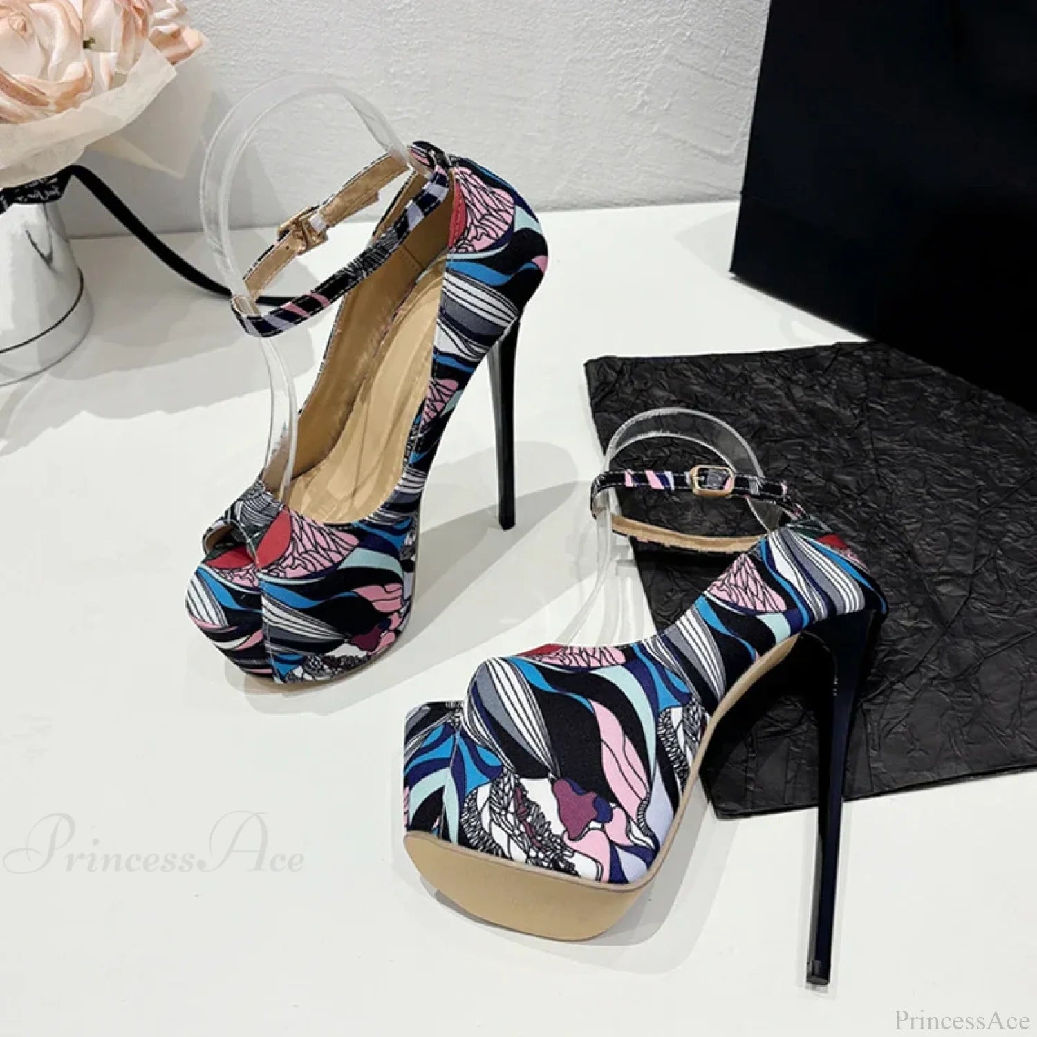 Hand-Painted Leather Platform Pumps Slingback Sexy Peep-Toe Stripper Pole-Dance High Heel