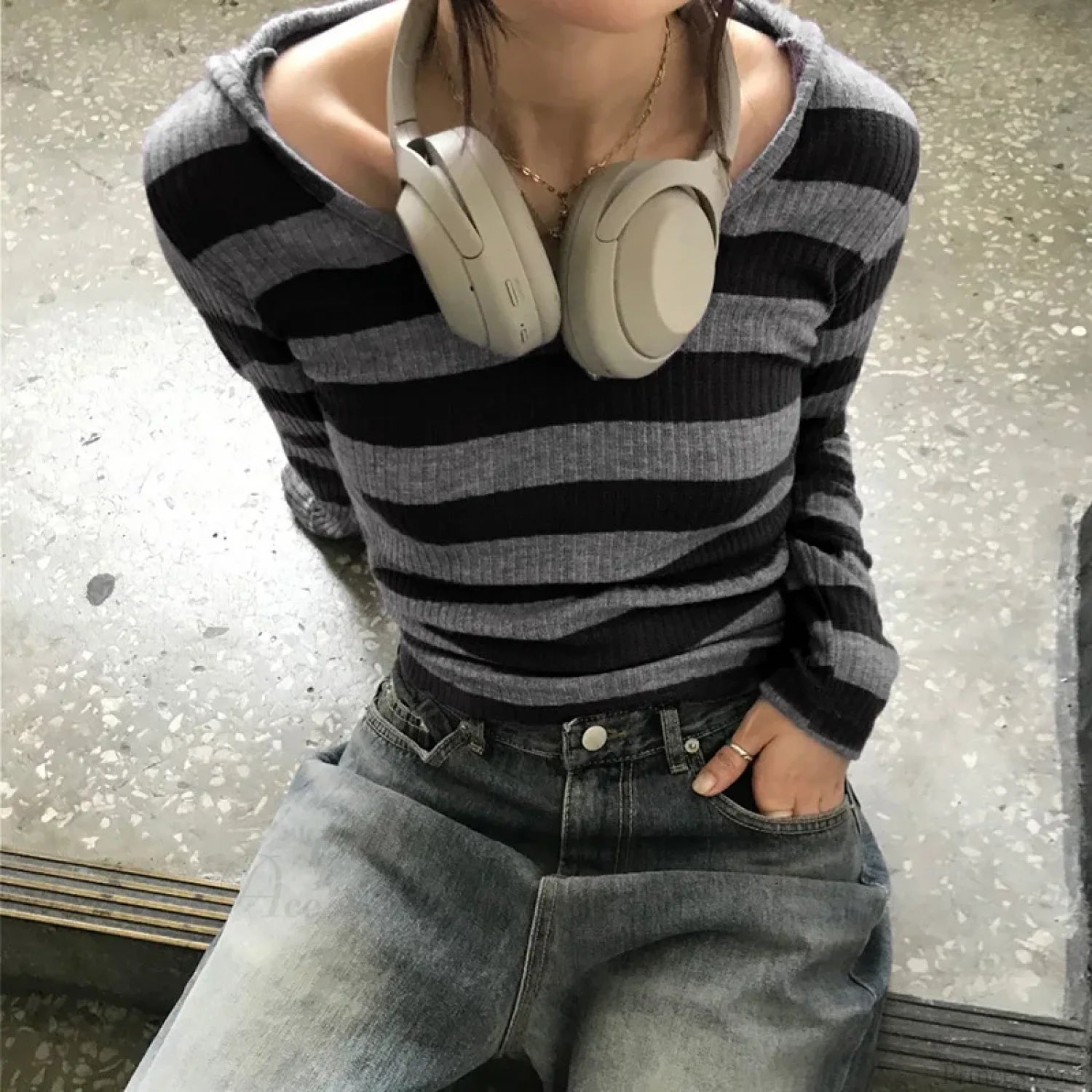 Harajuku Stripe Hooded Slim Contrast Color Long Sleeve Knit Top knittop-250126