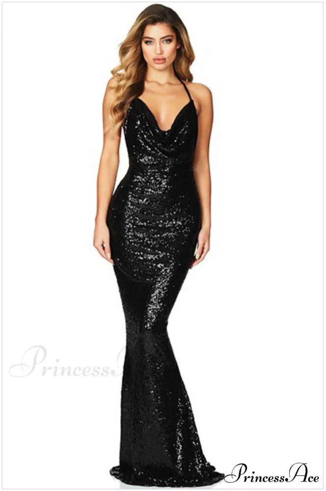 Haven Formal Sequin Charming Scroll Halter Dress Black / S S.o. Long Dresses