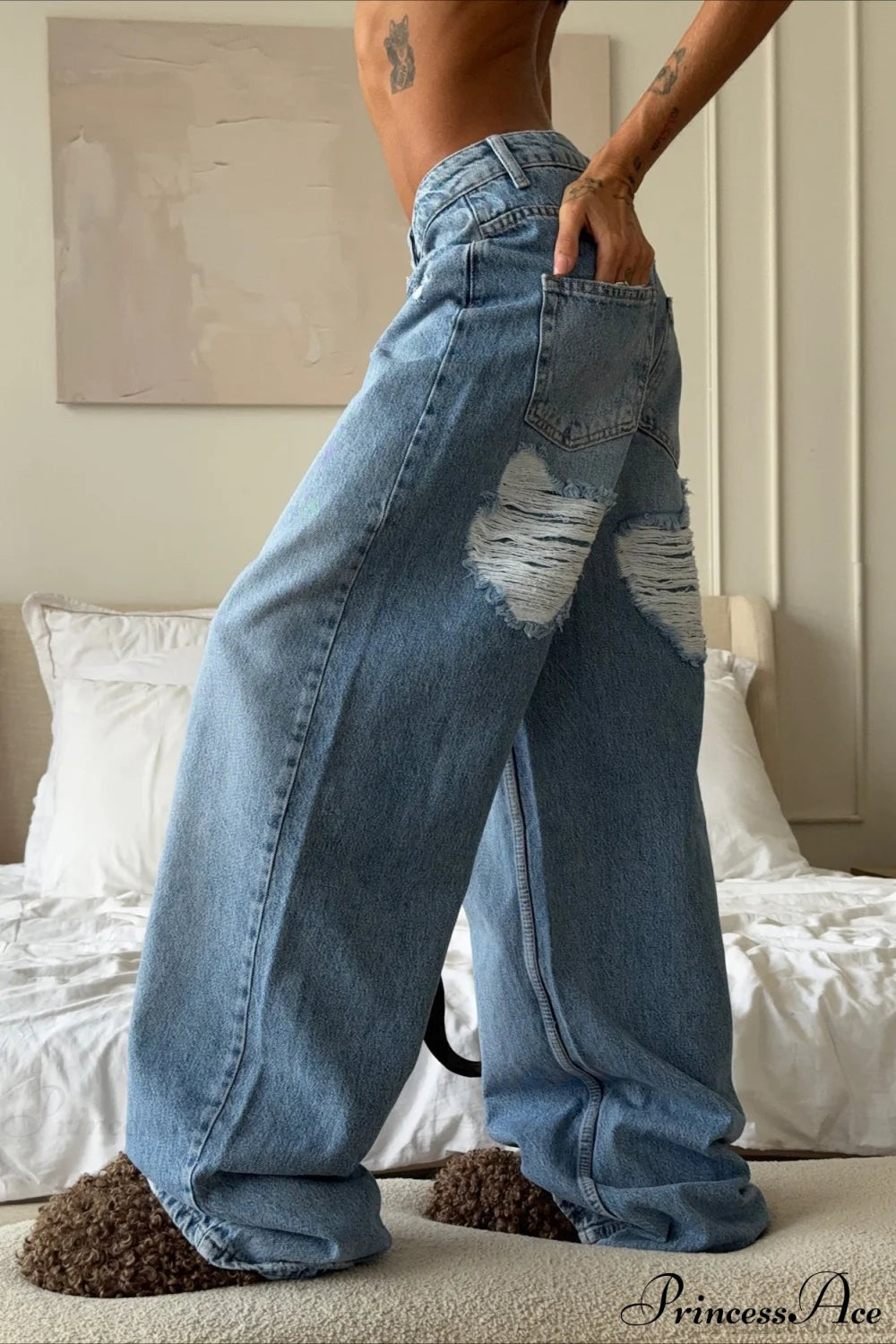 Heart Distressed Low Waist Wide Leg Straight Jeans