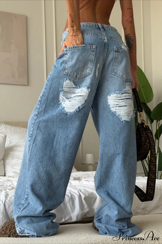 Heart Distressed Low Waist Wide Leg Straight Jeans Blue / S