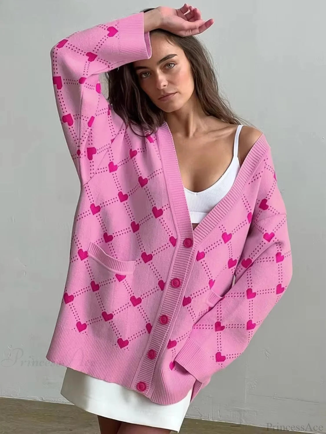Heart Pattern V-Neck Loose Pockets Knit Cardigan Deep pink / S cardiagn-250126