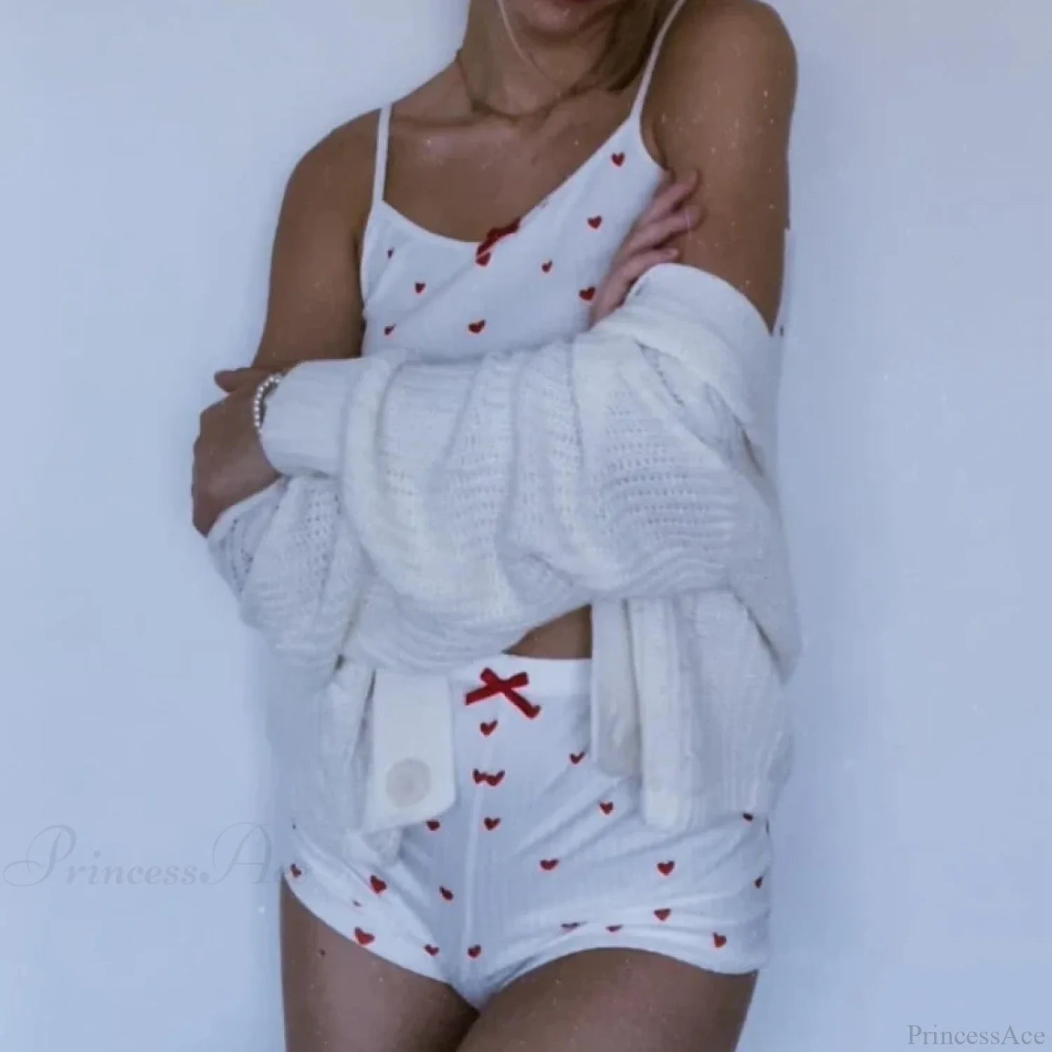 Heart Print Bow Trim Spaghetti Strap Camis Elastic Shorts Two Pieces Set twopiecesset-250126