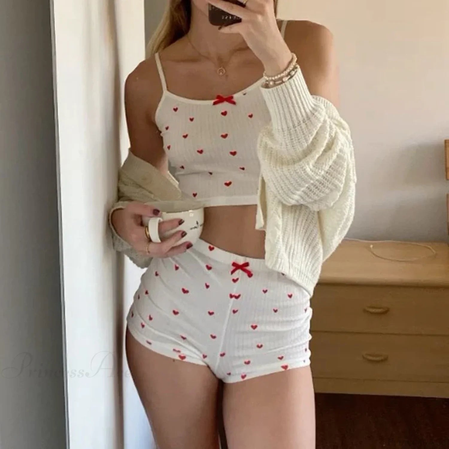 Heart Print Bow Trim Spaghetti Strap Camis Elastic Shorts Two Pieces Set WHITE / S twopiecesset-250126