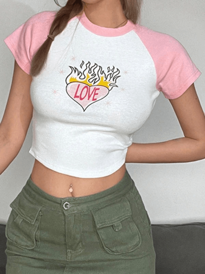 Heart Print Graceful Pocket Patch Jeans Tops&Tees