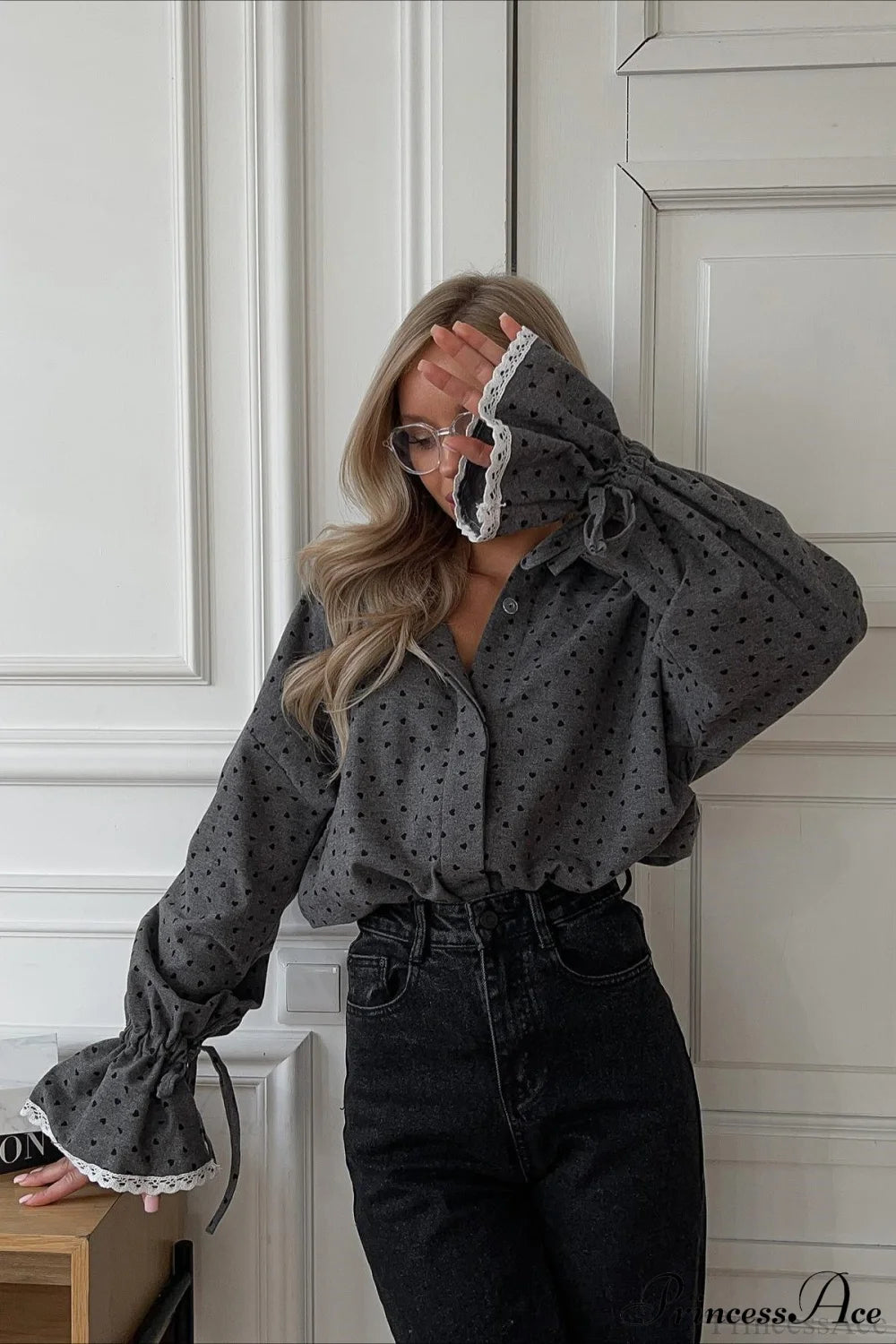 Heart-Print Single-Button Shirt Cardigan Blouse