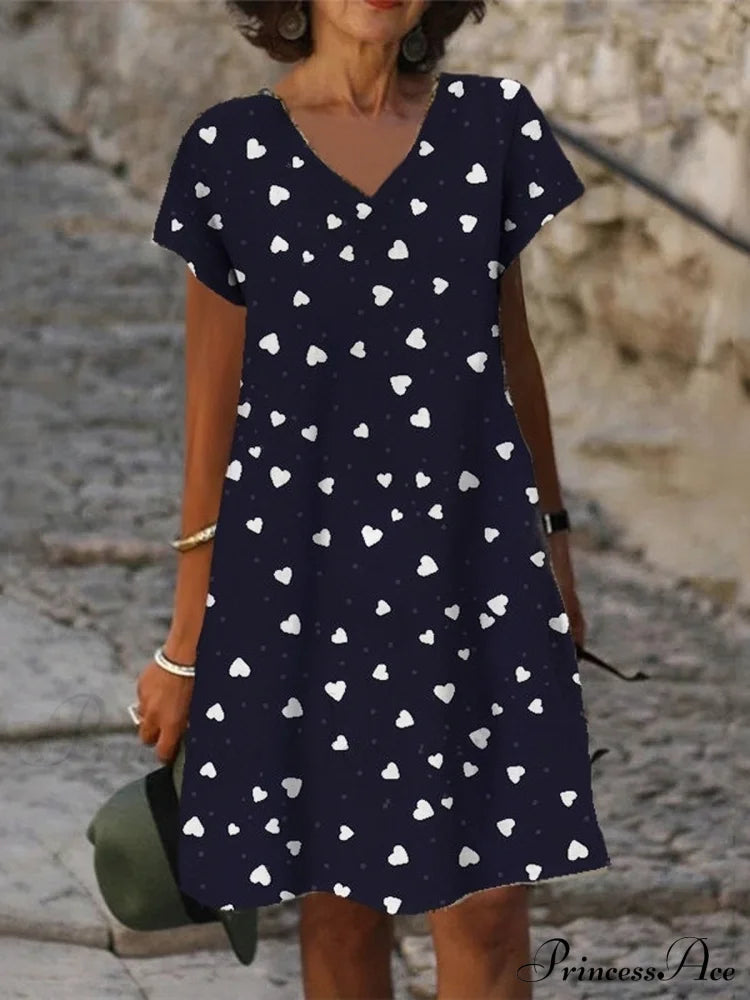 Heart Print V Neck Casual Short Sleeve Shift Dress In Black S / Purple Black Heart Print Dress