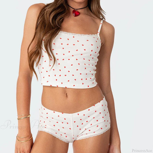 Heart Printed Kawaii Lace Trim Camis Micro Shorts Two Pieces Set WHITE / S twopiecesset-250126